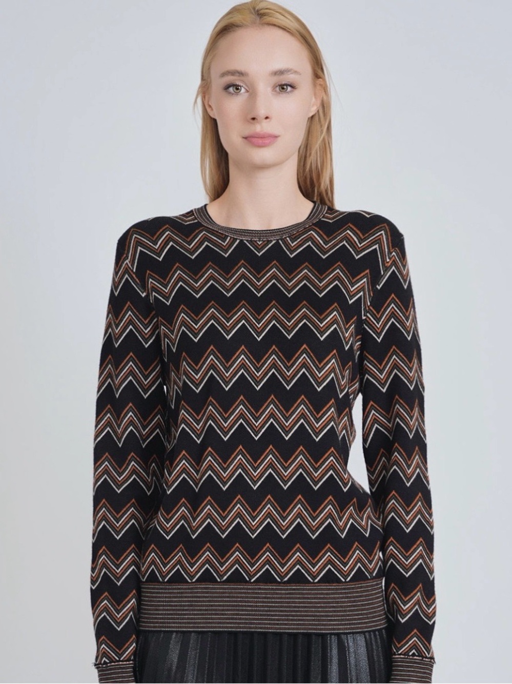 YAL NY Chevron Pattern Crewneck Sweater in Black and Brown